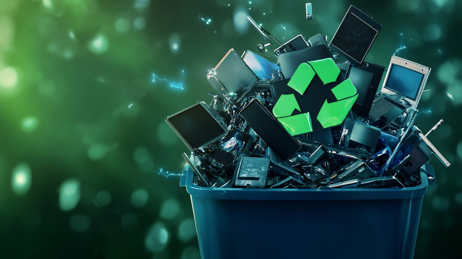 Electronic Waste Recycling: A Pile of Old Devices in a Blue Bin