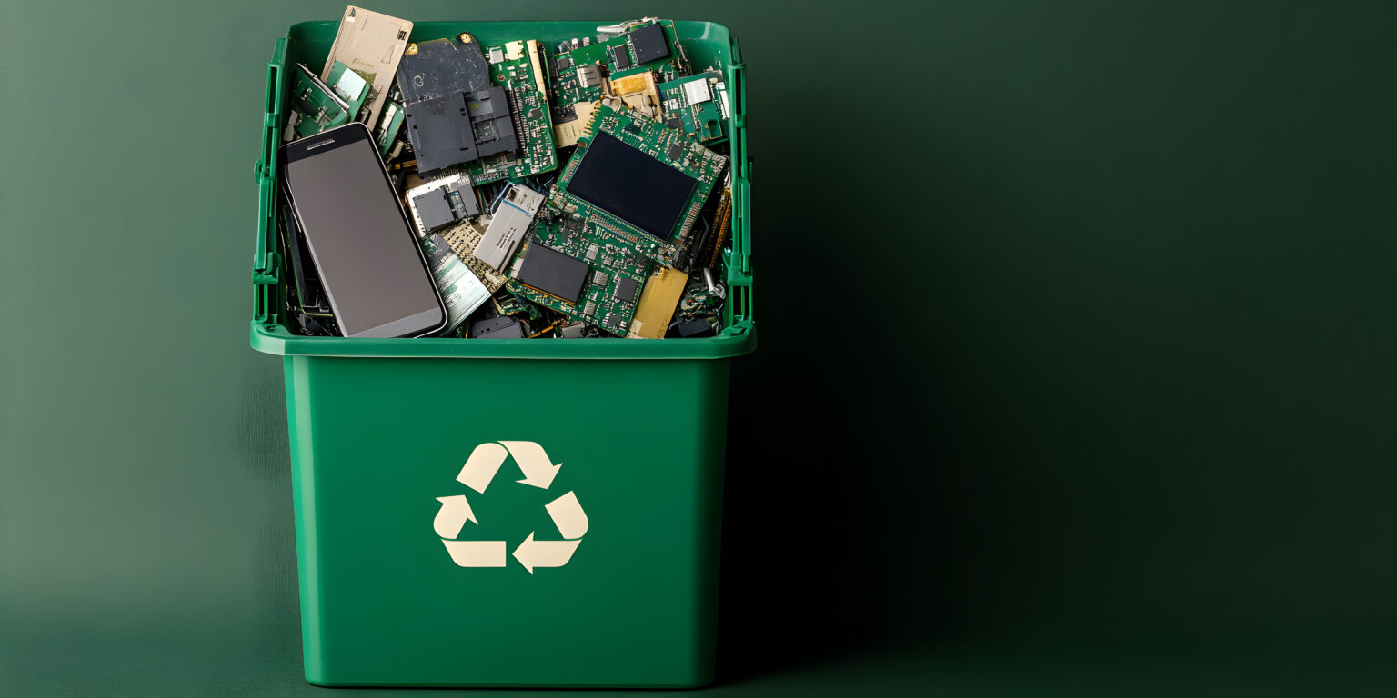 A green recycling bin filled with e-waste items
