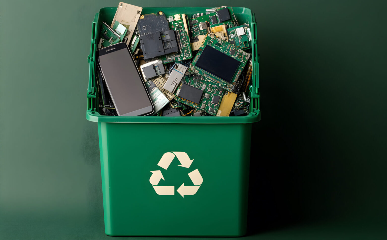A green recycling bin filled with e-waste items